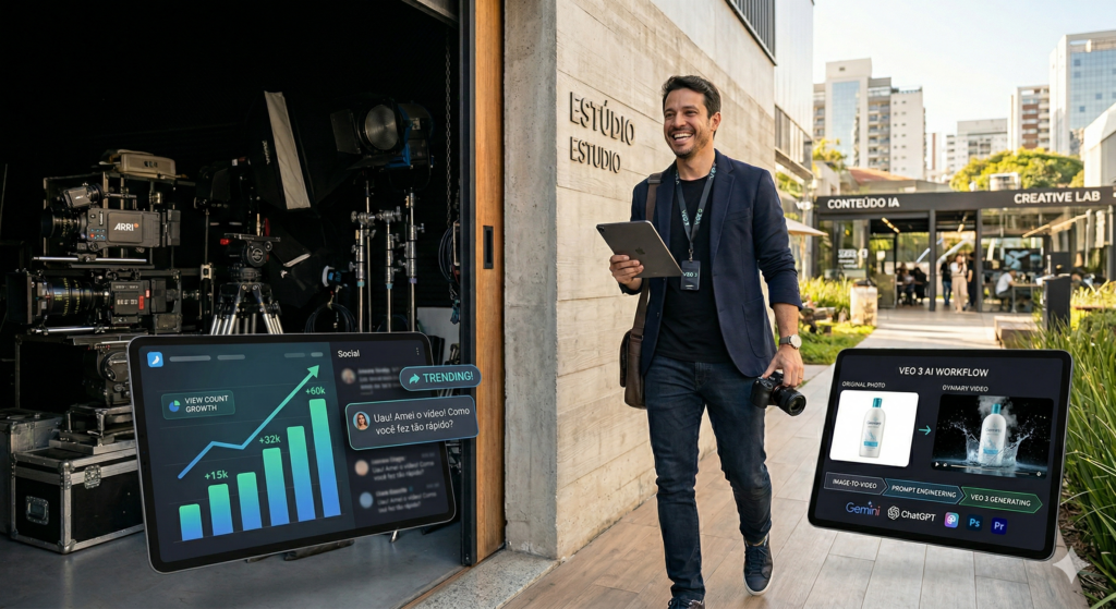 Um criador de conteúdo sai sorridente de um estúdio repleto de equipamentos pesados, segurando apenas um tablet. A tela do dispositivo detalha o fluxo de trabalho do VEO 3, transformando fotos estáticas de produtos em vídeos realistas. Ao lado, gráficos de crescimento de visualizações e balões de chat com elogios à rapidez da entrega reforçam a eficiência da IA. A imagem simboliza a transição da produção física complexa para a agilidade digital estratégica.